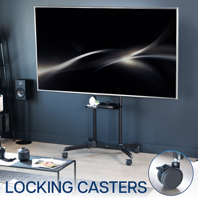 Mobile TV mount cart with media shelf and locking wheels. Stand features height adjustment, articulation, and a built-in cable management system.