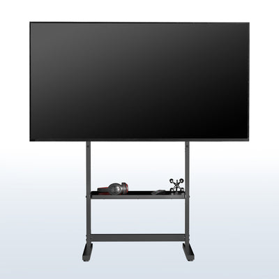 A large flat-screen television mounted on a heavy-duty floor stand set against a white background.