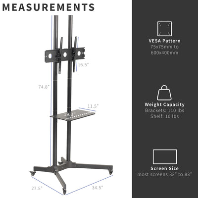 Large Mobile TV Cart for 32" to 83" Screens