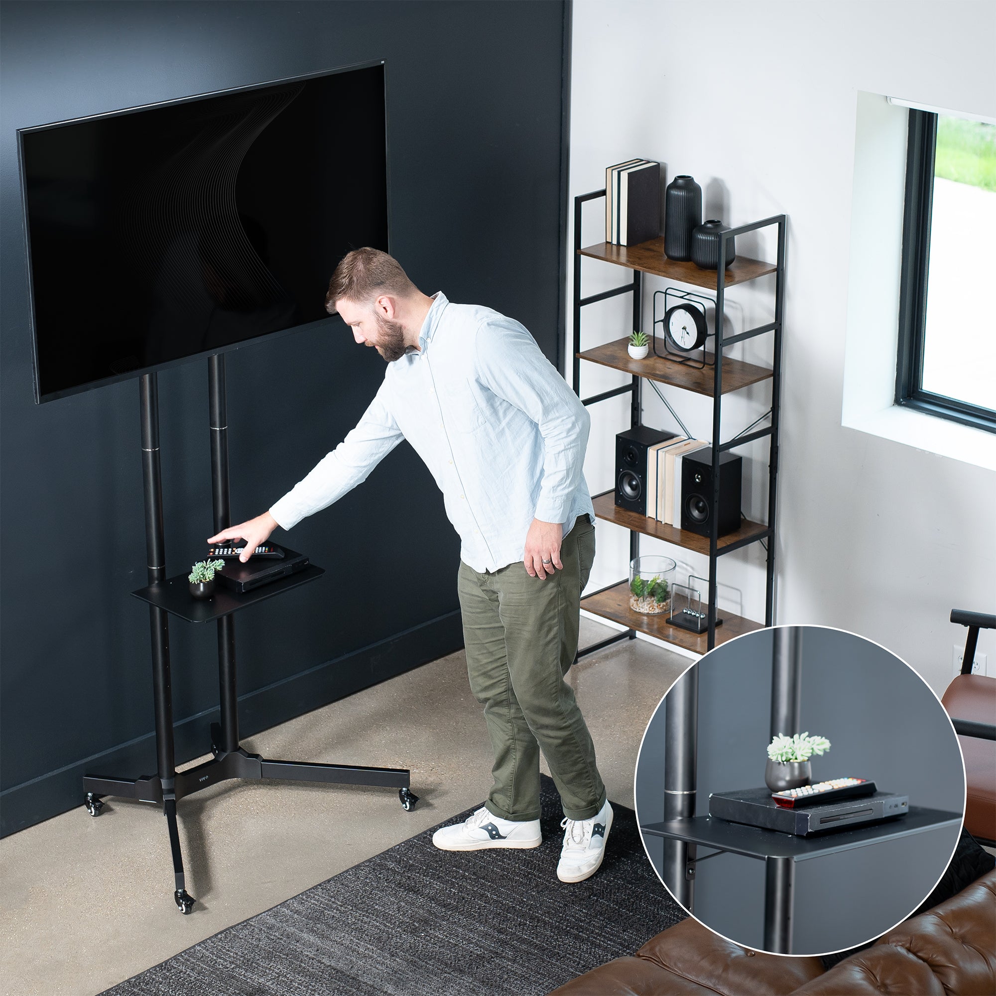 Extra tall mobile TV stand for home and office.