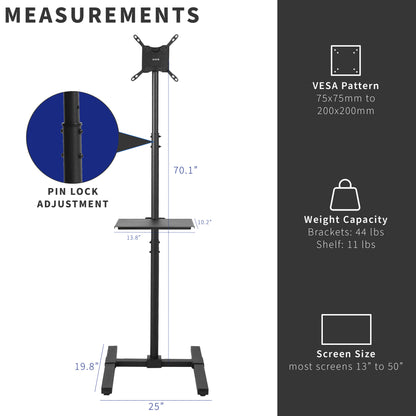 Extra tall tilting height adjustable TV stand with media shelf.