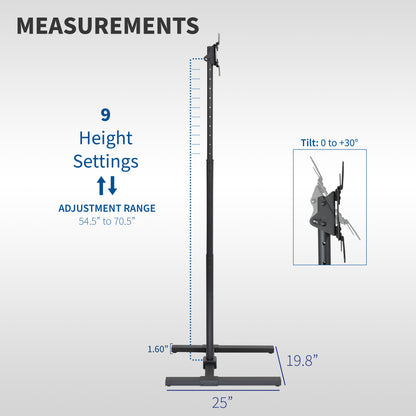 Height adjustable TV stand with measurements.