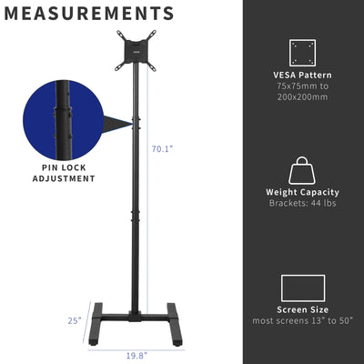 Height adjustable TV stand measurements and compatibility.