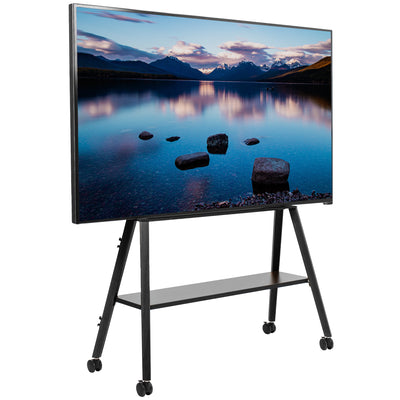 This rolling artistic easel 49 to 75 inch LED LCD screen mobile studio TV display stand is for home theatres, trade shows, schools, and more.