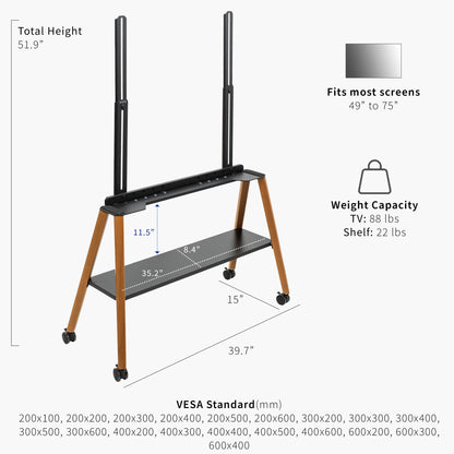 This rolling artistic easel 49 to 75 inch LED LCD screen mobile studio TV display stand is for home theatres, trade shows, schools, and more.