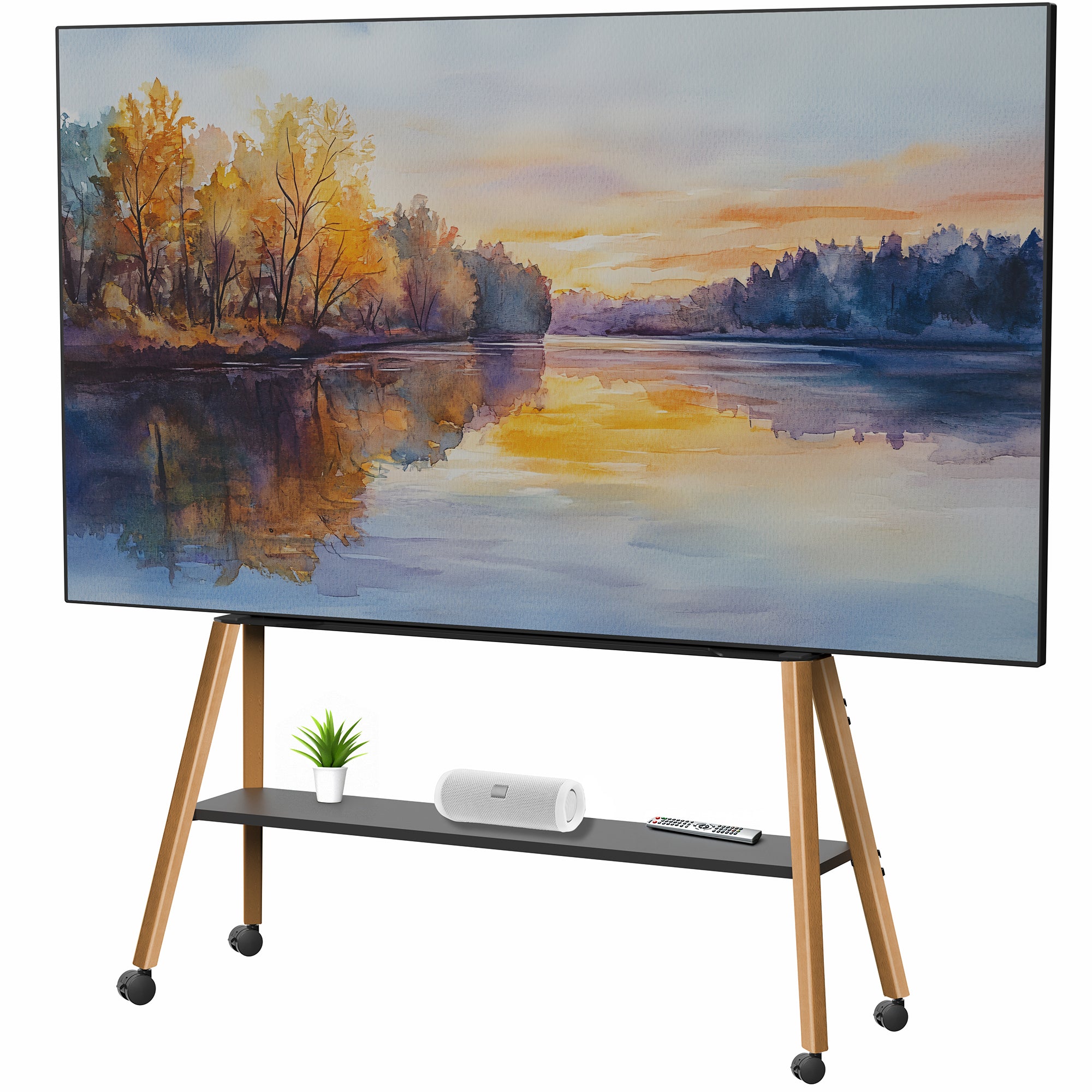 A large flat-screen TV on a wheeled easel TV stand with a wooden tripod base and a black shelf. The screen displays a colorful landscape painting of a lake at sunset.