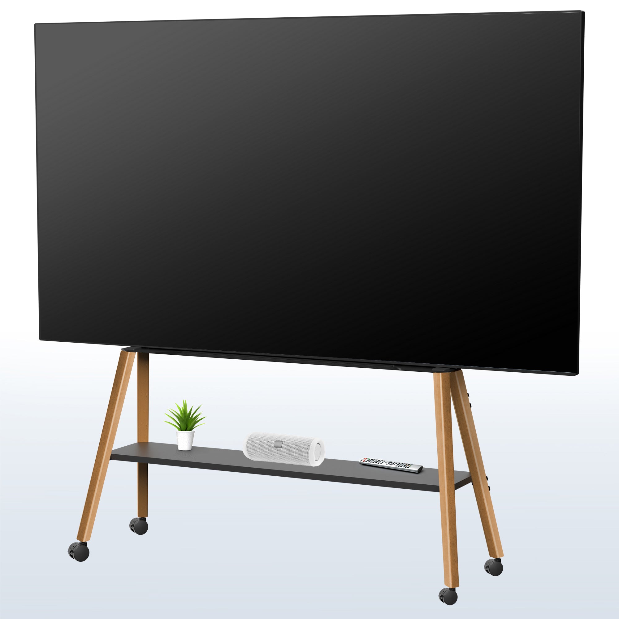 A large black flat-screen TV on a wooden rolling stand with a lower shelf holding a small plant, a white speaker, and a remote, shown against a light gray gradient background.