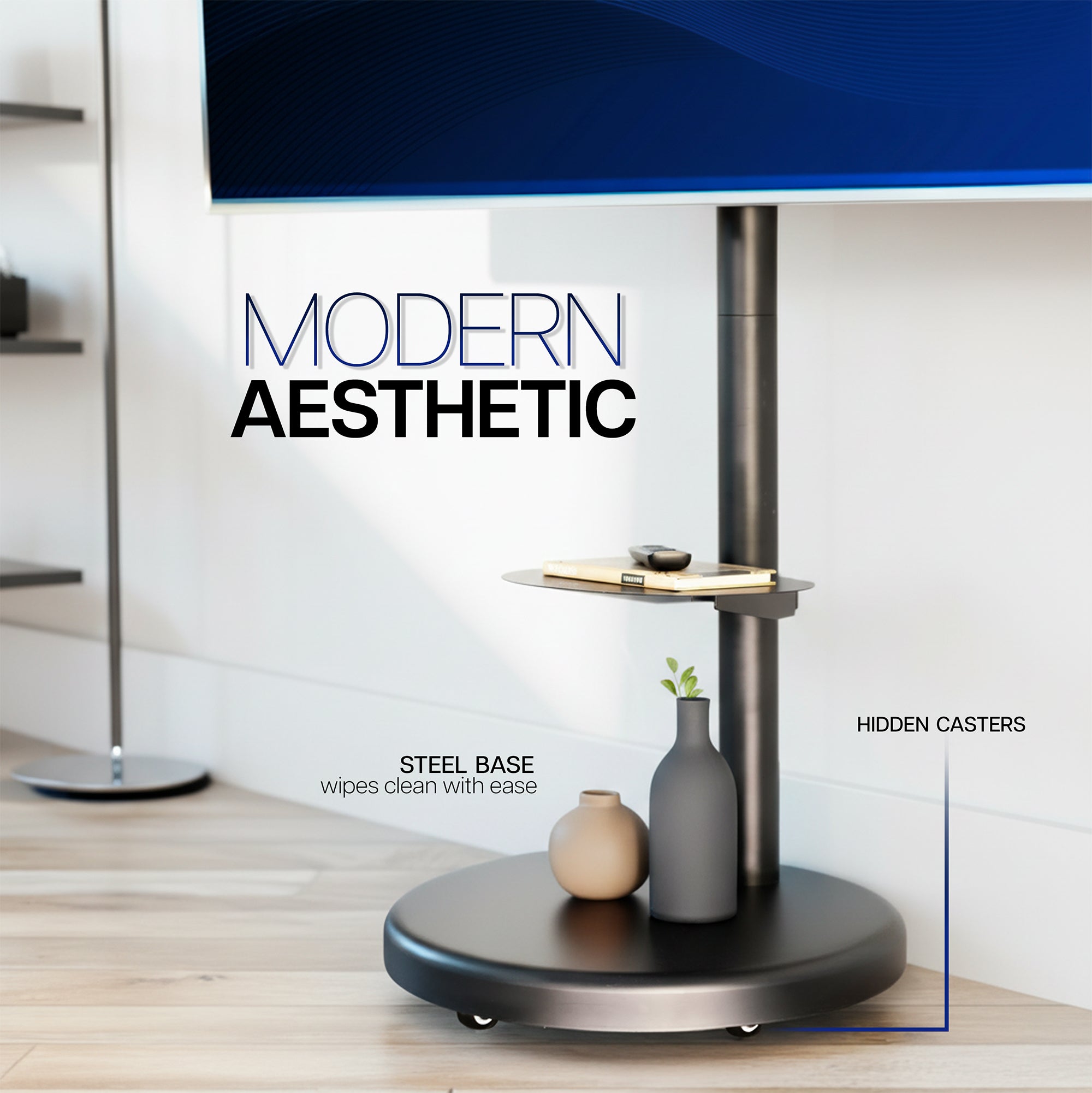 Modern, mobile TV Stand with 'Modern Aesthetic' text, steel base, and hidden casters in a minimalistic setting.
