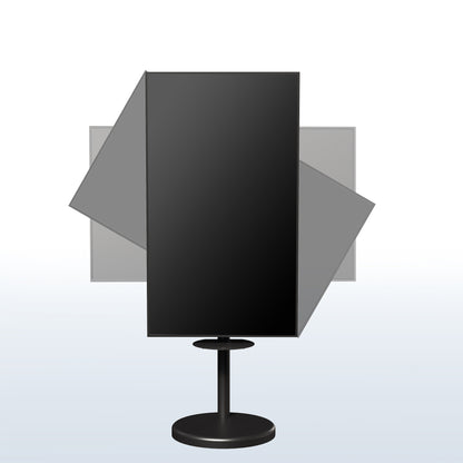 Mobile TV stand with shelf featuring height adjustment, tilt, swivel, rotation, and built-in cable management.
