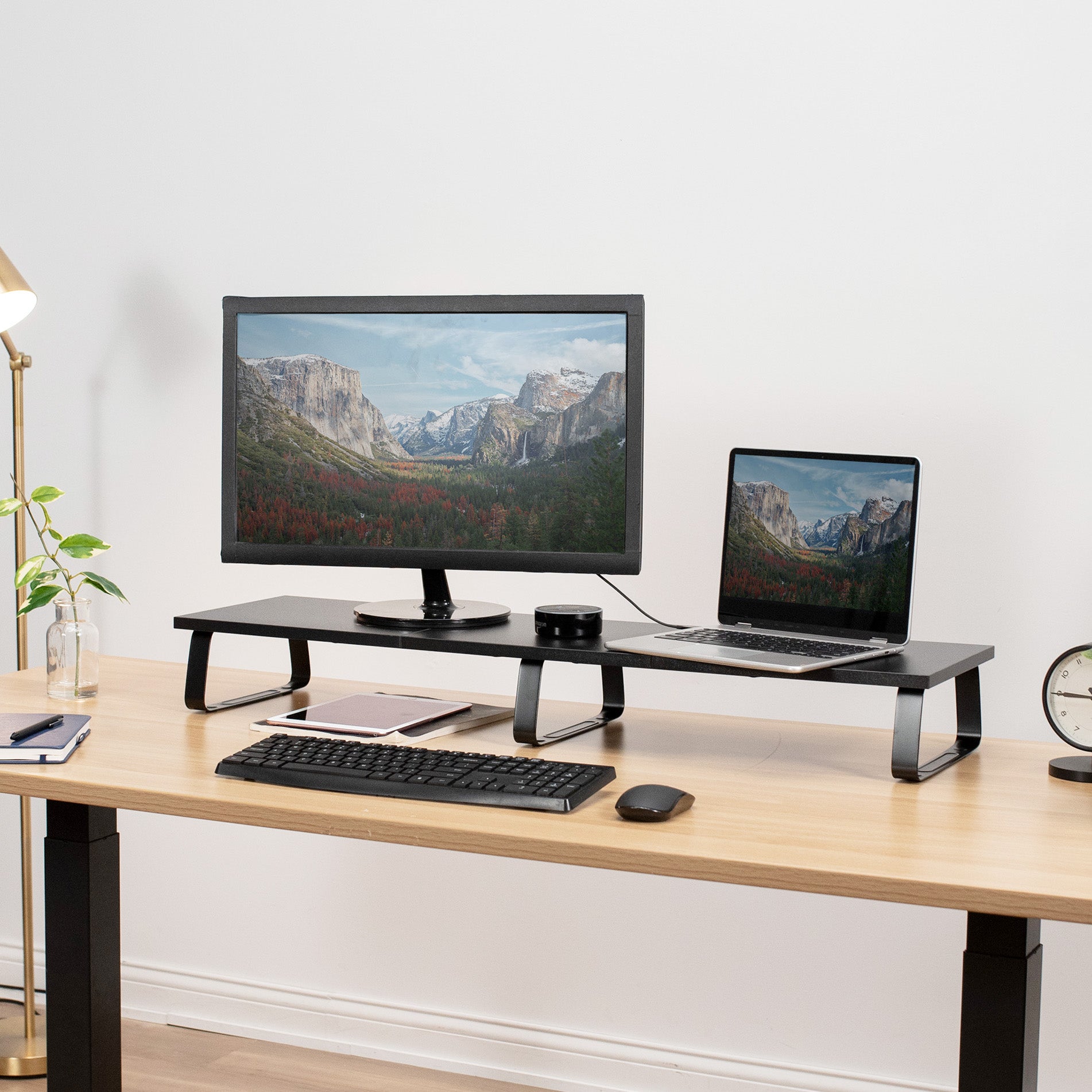 Sturdy tabletop riser for laptop or monitor for comfortable viewing.