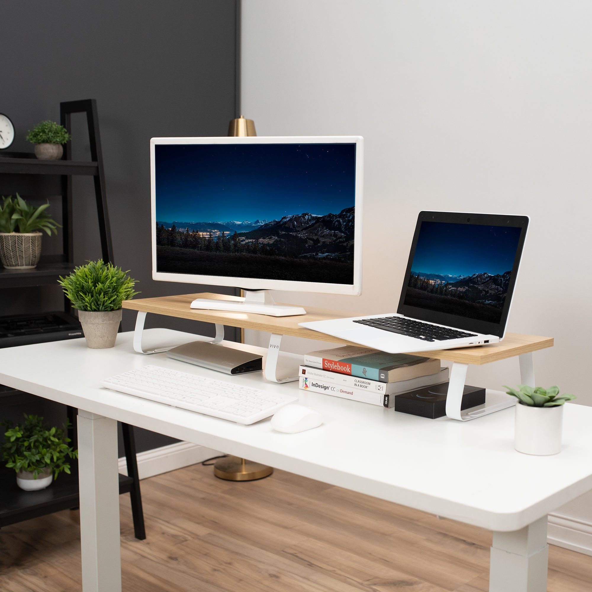 Sturdy tabletop riser for laptop or monitor for comfortable viewing.