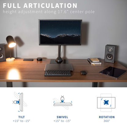 Full articulation and height adjustment along a 17.6-inch tall center pole.