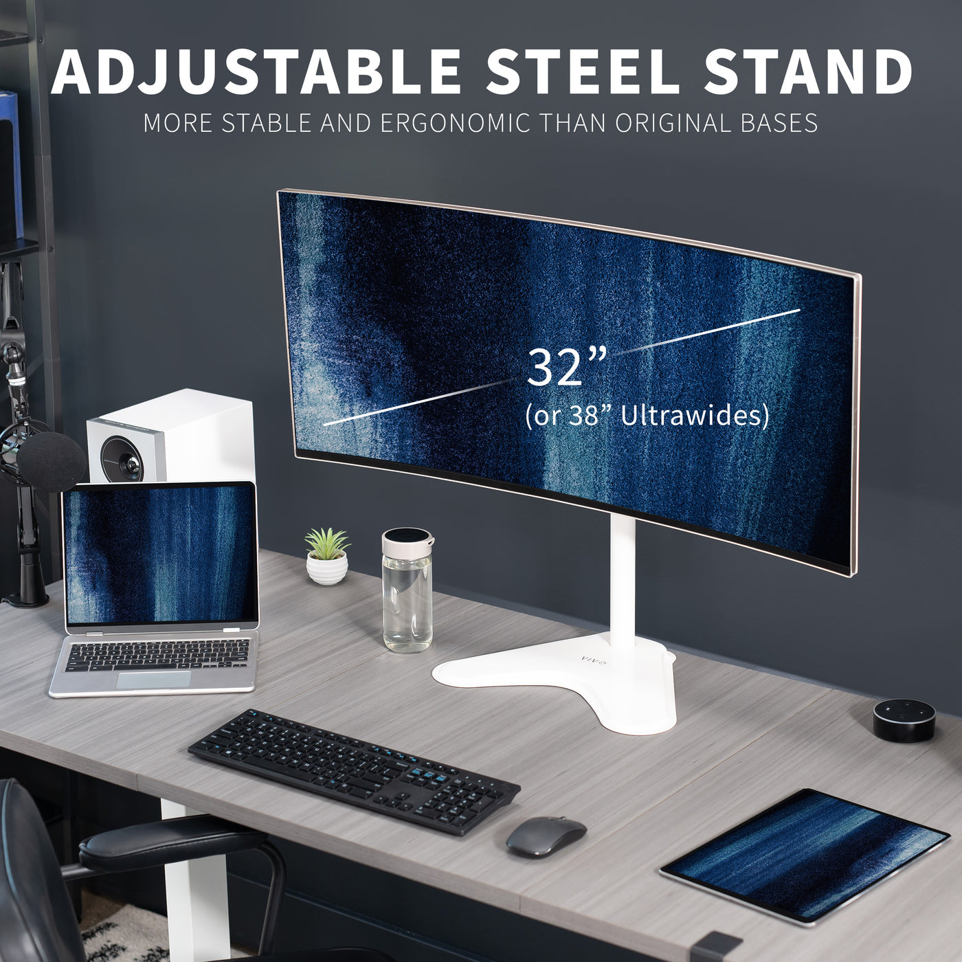 A height-adjustable monitor stands for better viewing.