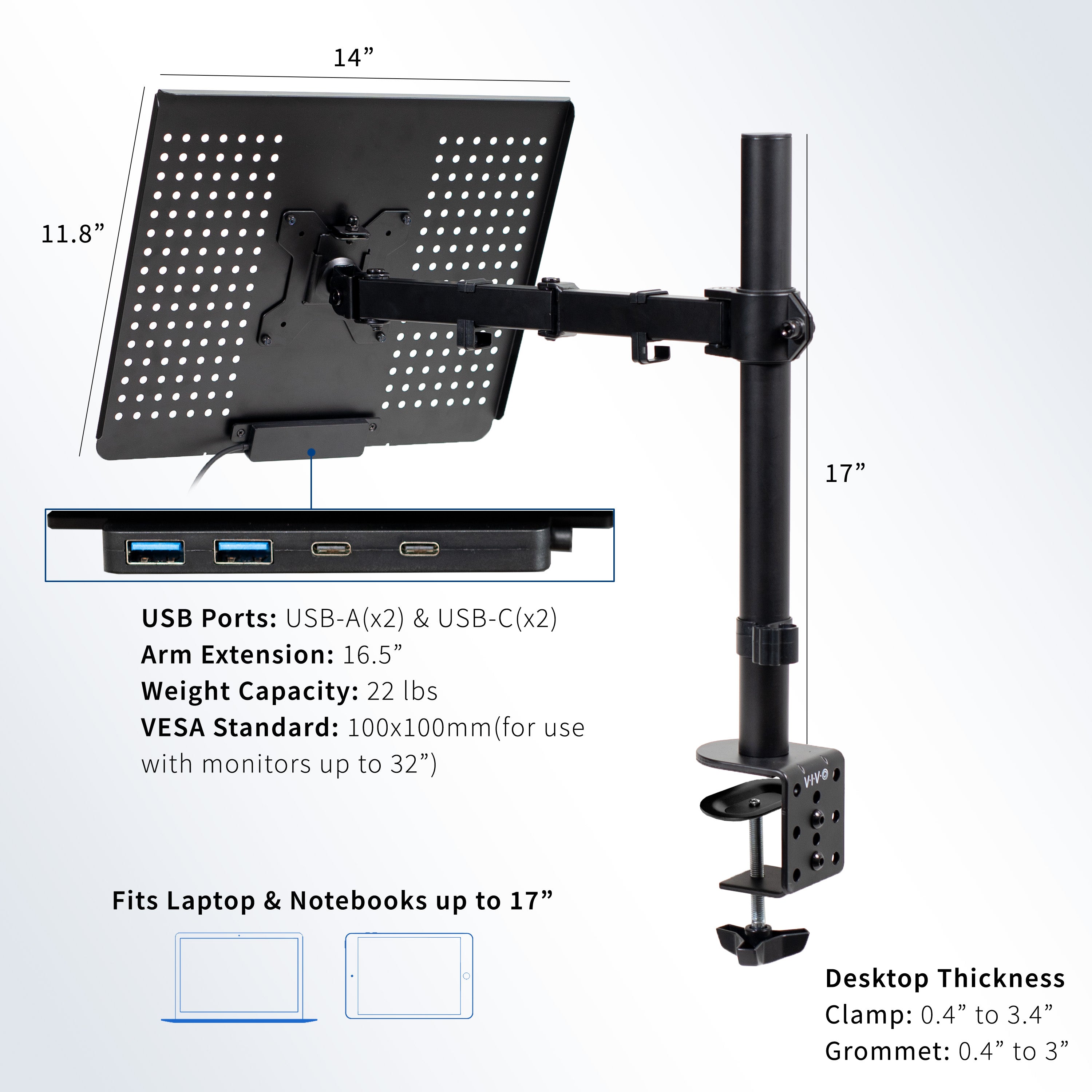 Height adjustable clamp-on laptop stand with USB ports, ventilation, and cable management.