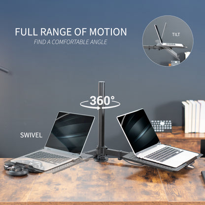 Height adjustable clamp-on laptop stand with USB ports, ventilation, and cable management.