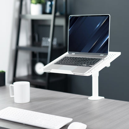 Height adjustable clamp-on laptop stand with ventilation and cable management.