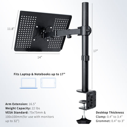 Height adjustable clamp-on laptop stand with ventilation and cable management.