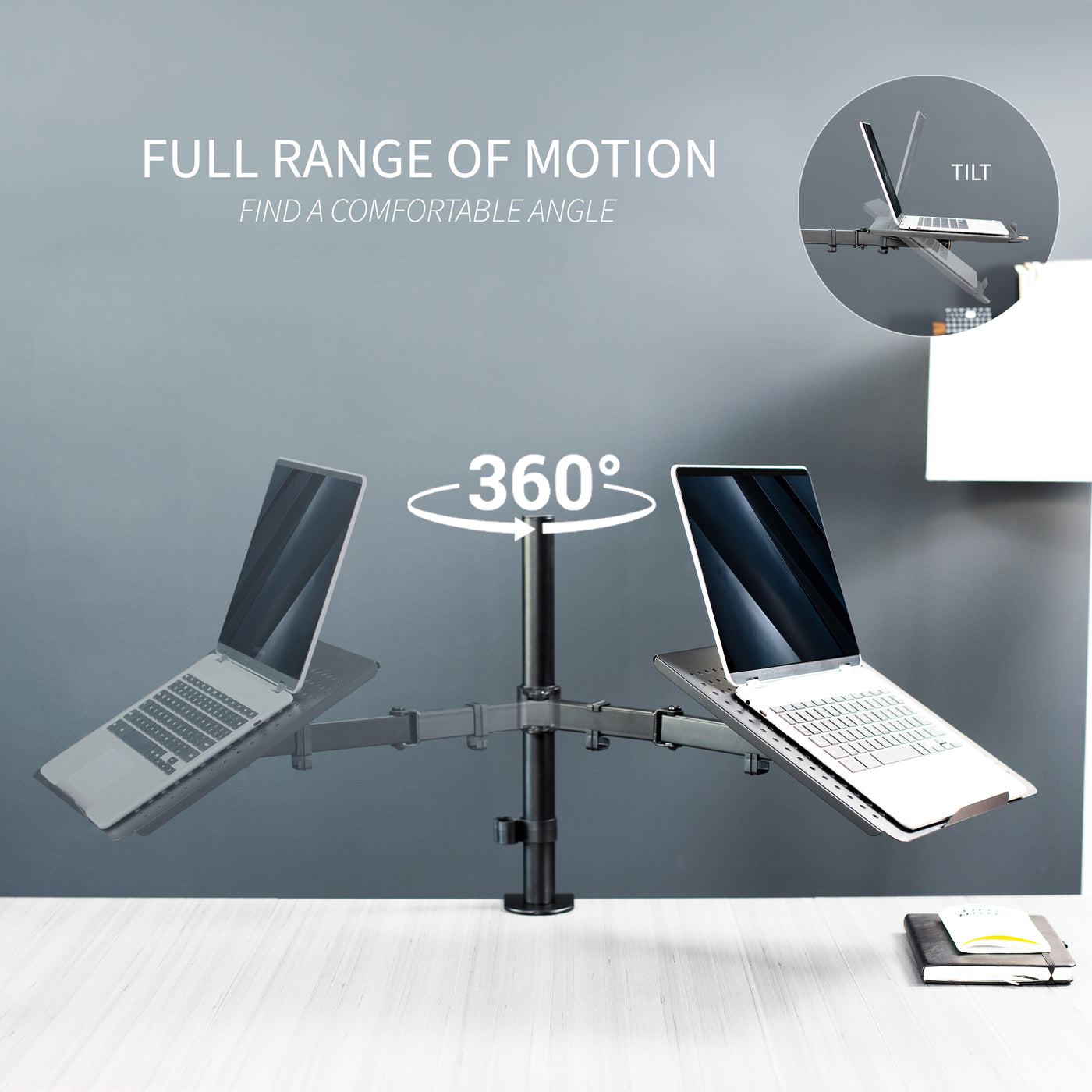 Height adjustable clamp-on laptop stand with ventilation and cable management.