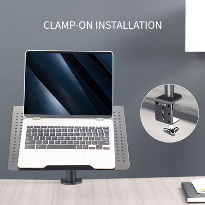 Height adjustable clamp-on laptop stand with ventilation and cable management.