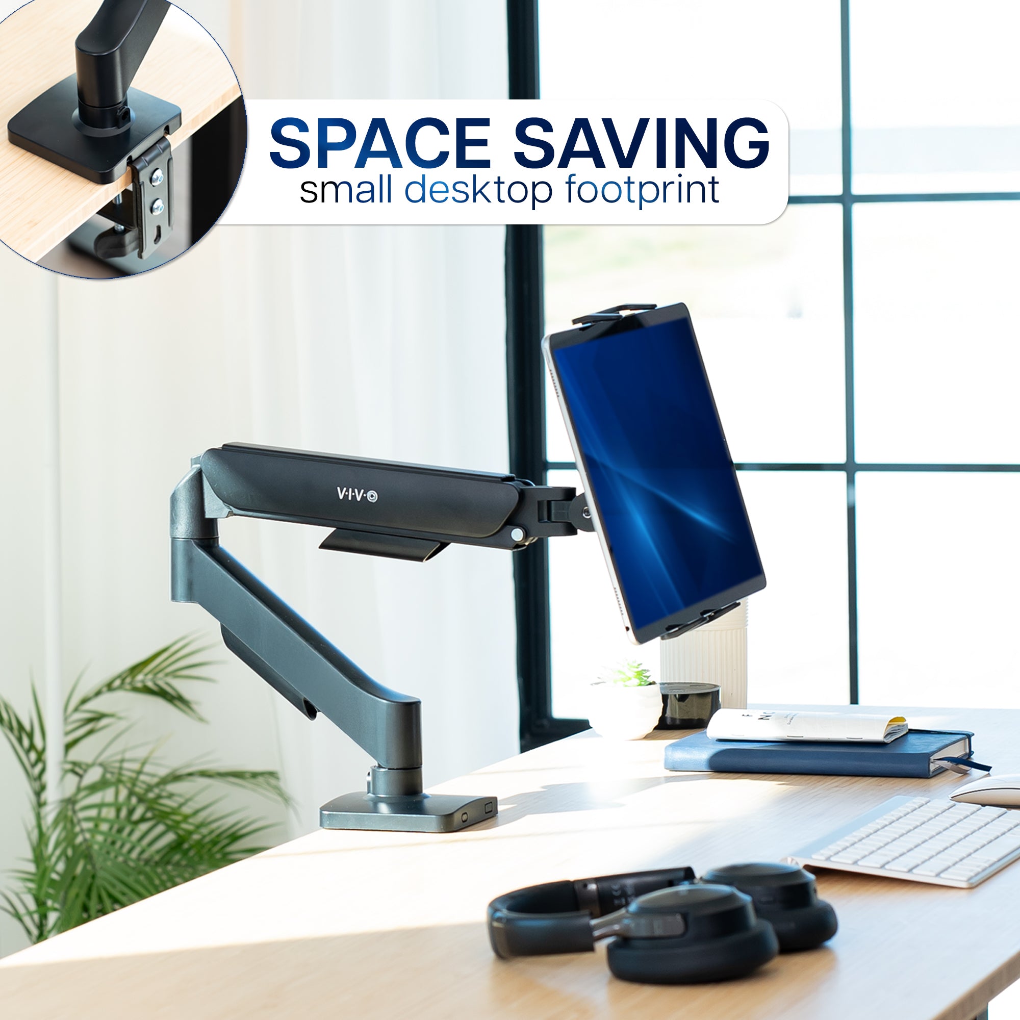 Single Mechanical Arm Desk Mount for Tablets, 2-in-1 Laptops