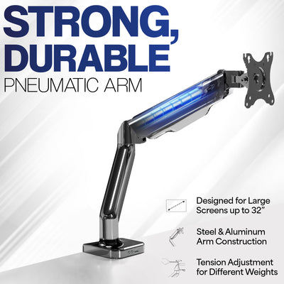 Sturdy clamp-on pneumatic arm single monitor desk mount with USB ports and audio ports, articulation, height adjustment, and cable management.