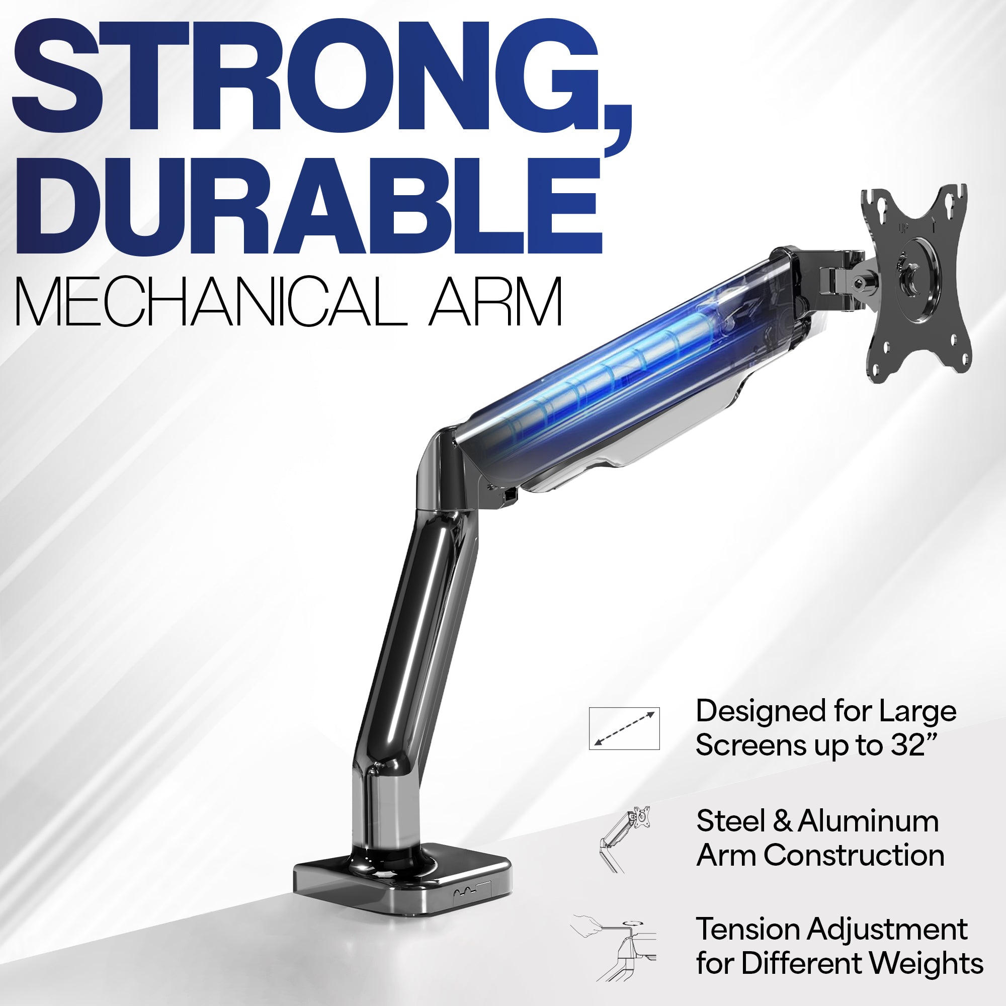 Sturdy clamp-on mechanical arm single monitor desk mount with articulation, height adjustment, and cable management.