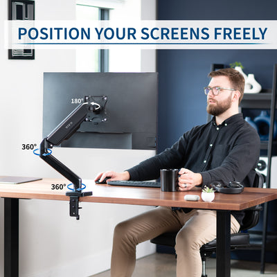 Sturdy clamp-on mechanical arm single monitor desk mount with articulation, height adjustment, and cable management.