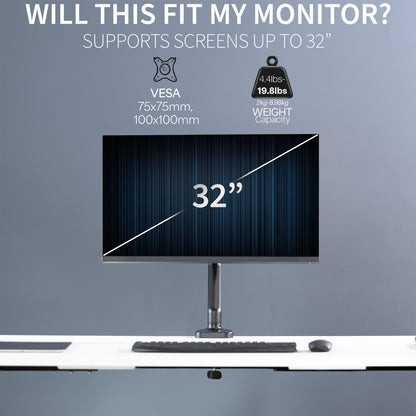 Sturdy clamp-on mechanical arm single monitor desk mount with articulation, height adjustment, and cable management.