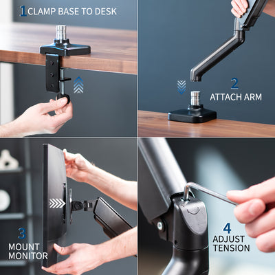 Sturdy clamp-on mechanical arm single monitor desk mount with articulation, height adjustment, and cable management.