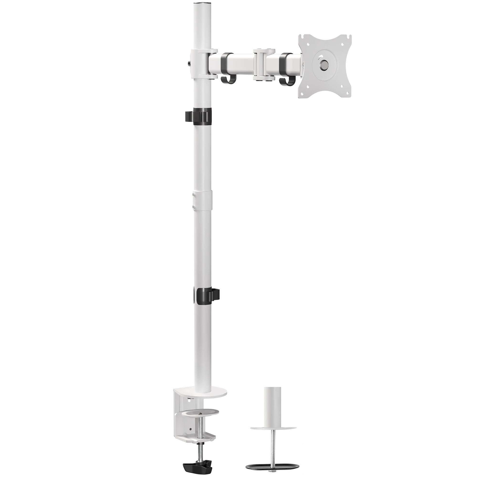 Extra tall sturdy adjustable white single monitor ergonomic desk mount for office workstation.