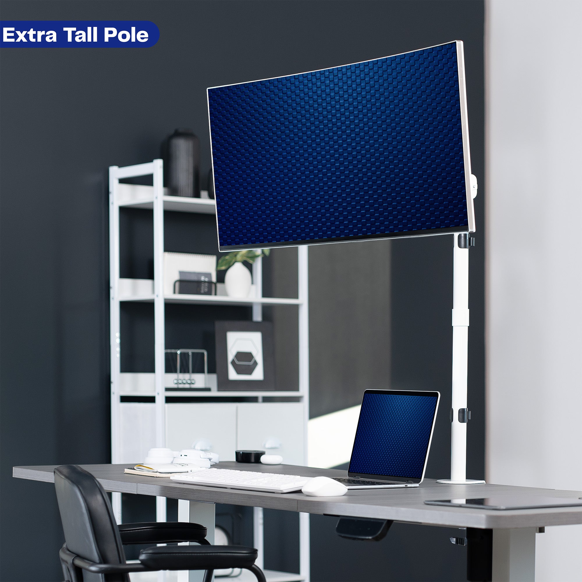 Extra tall sturdy adjustable white single monitor ergonomic desk mount for office workstation.