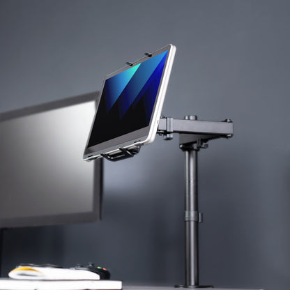 Articulating height adjustable tablet holder desk mount.