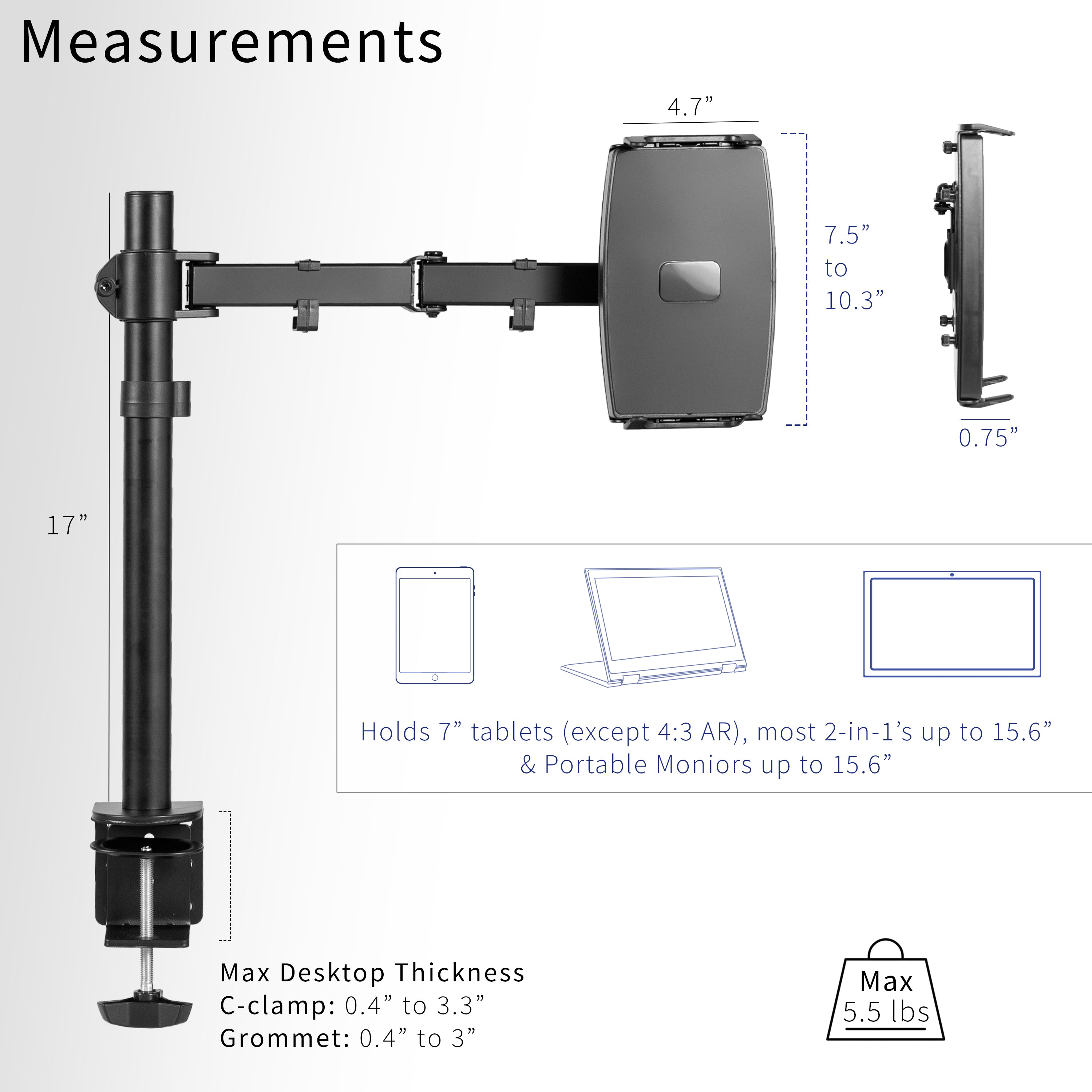 Articulating height adjustable tablet holder desk mount.