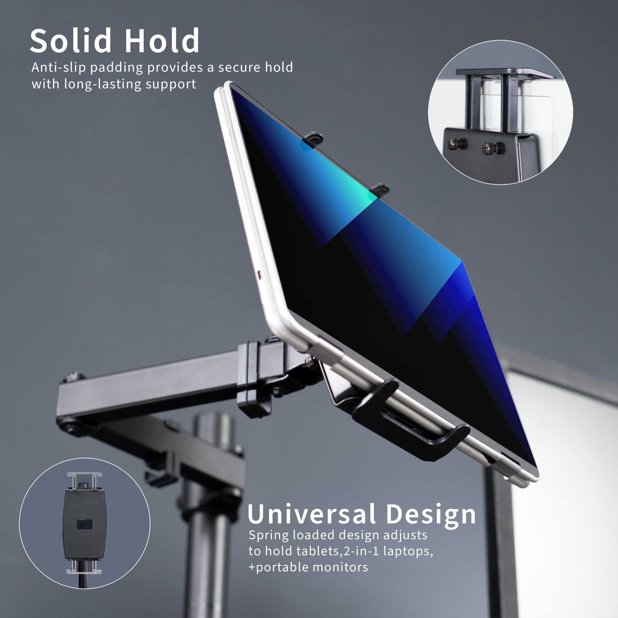 Articulating height adjustable tablet holder desk mount.