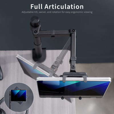 Articulating height adjustable tablet holder desk mount.
