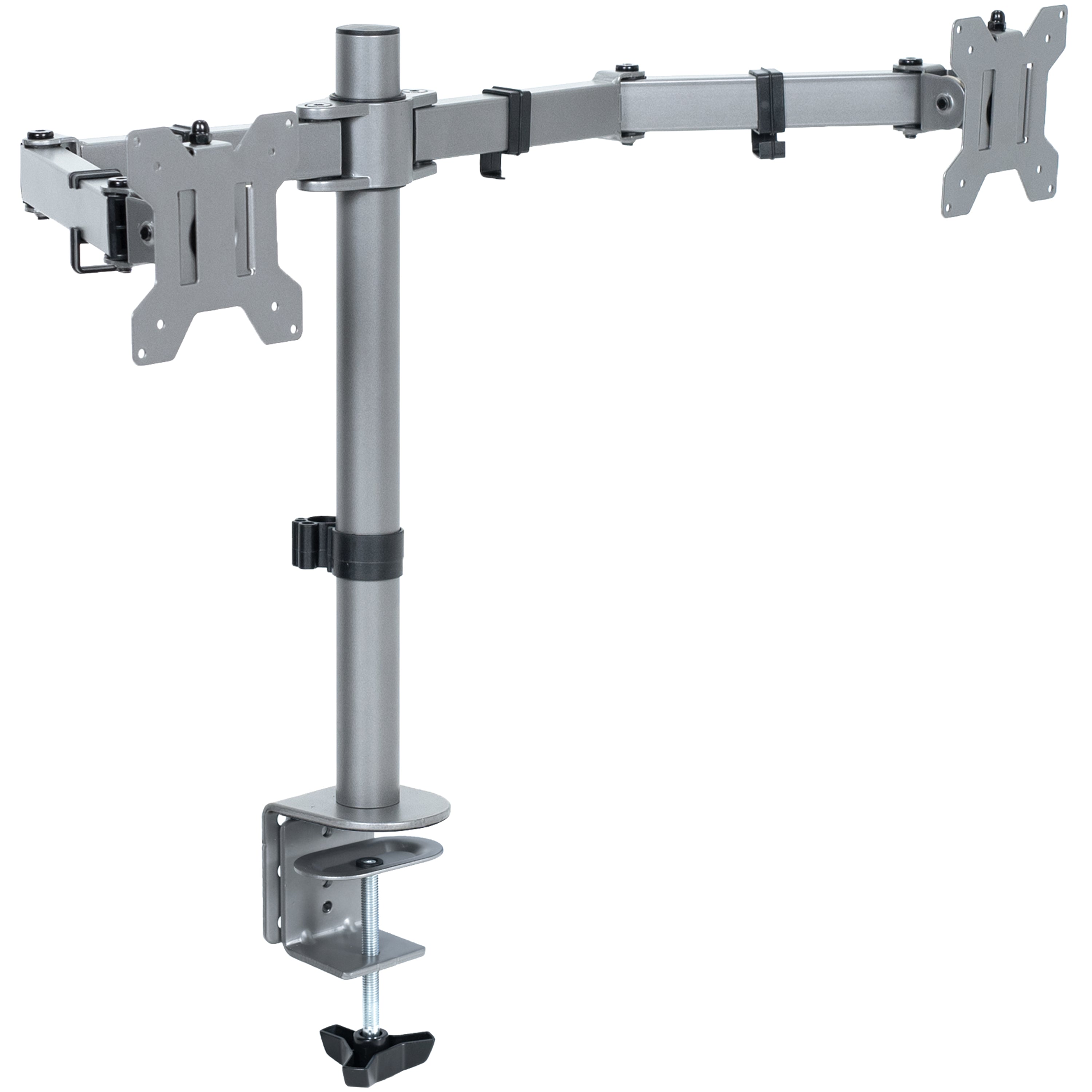 Sturdy adjustable dual monitor ergonomic desk mount for office workstation.