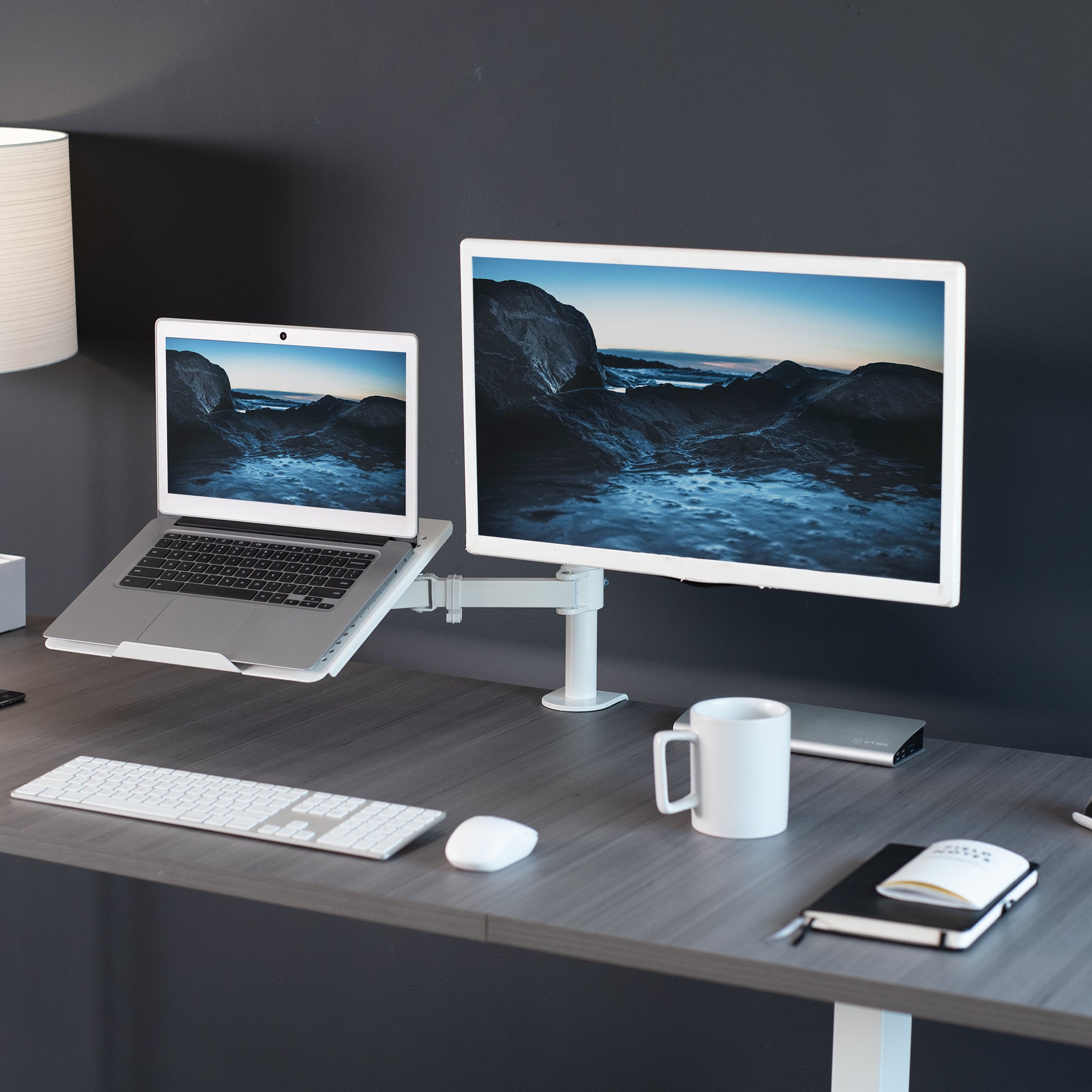 Fully adjustable single computer monitor and laptop desk mount allows you to display your laptop by your monitor screen for ergonomic placement.