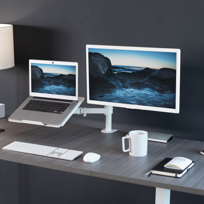 Fully adjustable single computer monitor and laptop desk mount allows you to display your laptop by your monitor screen for ergonomic placement.