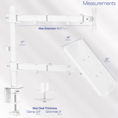 Fully adjustable single computer monitor and laptop desk mount allows you to display your laptop beneath your monitor screen for ergonomic placement.