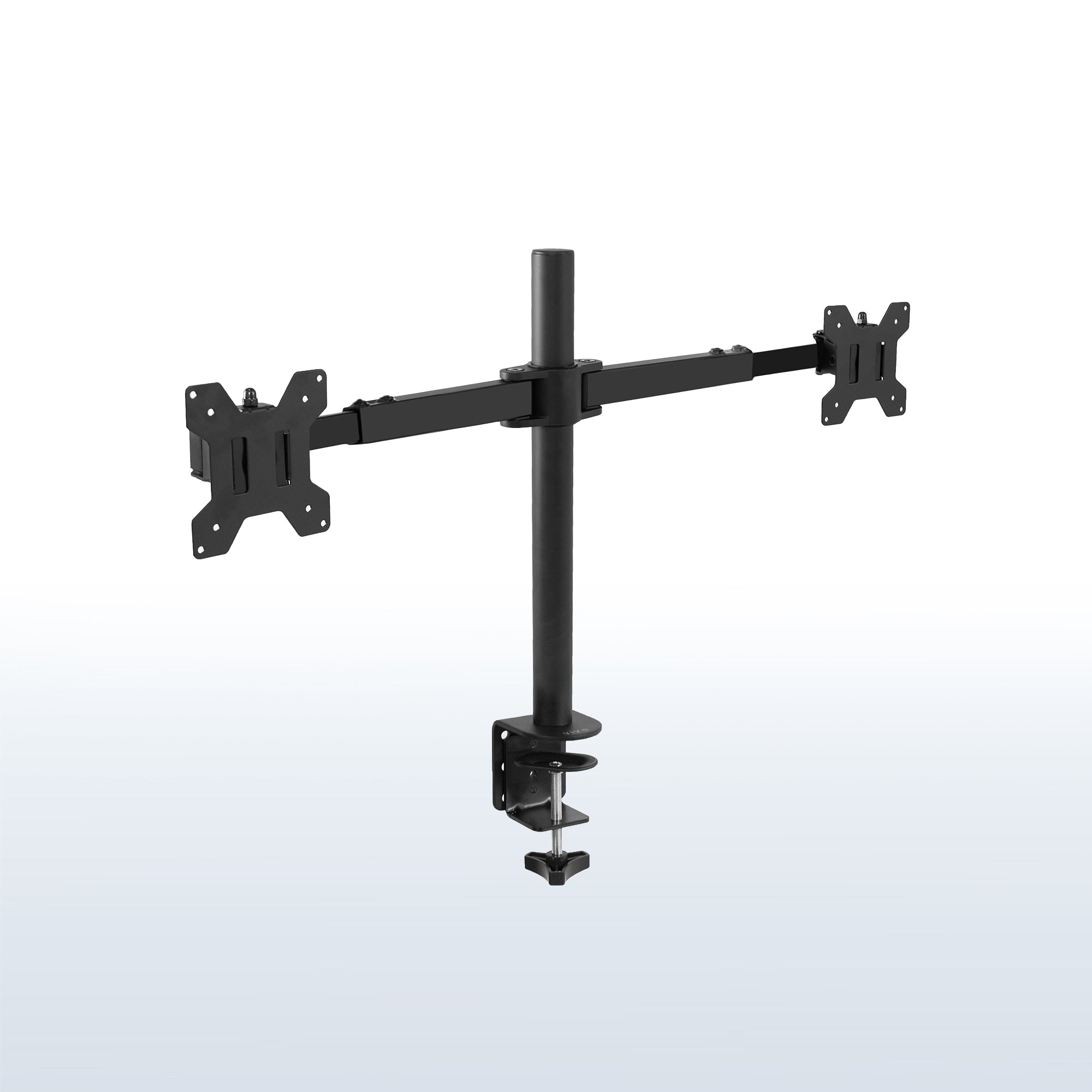 Black dual-monitor mount on a white background