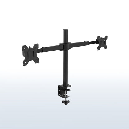 Black dual-monitor mount on a white background