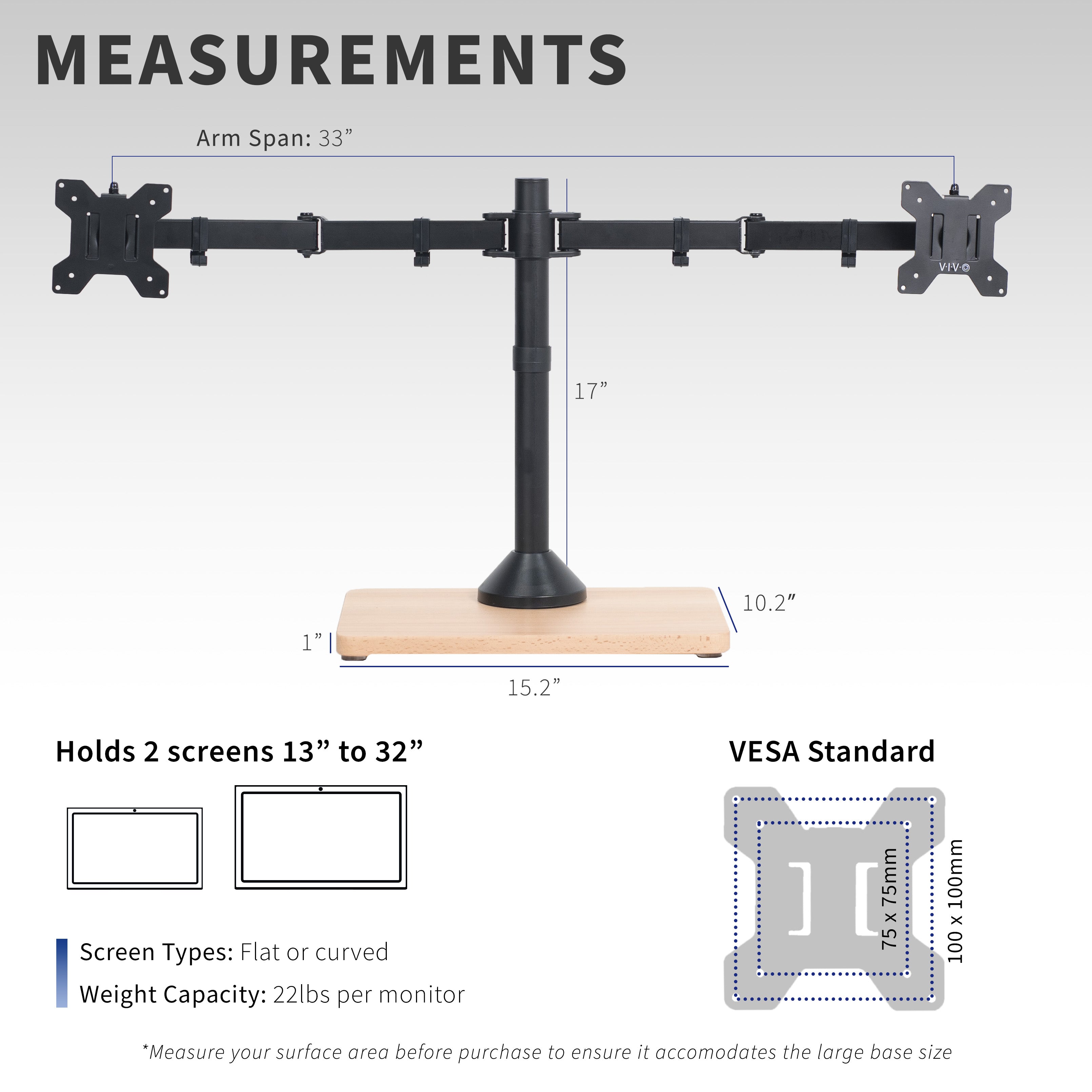 Dual Monitor Desk Stand with Wood Base