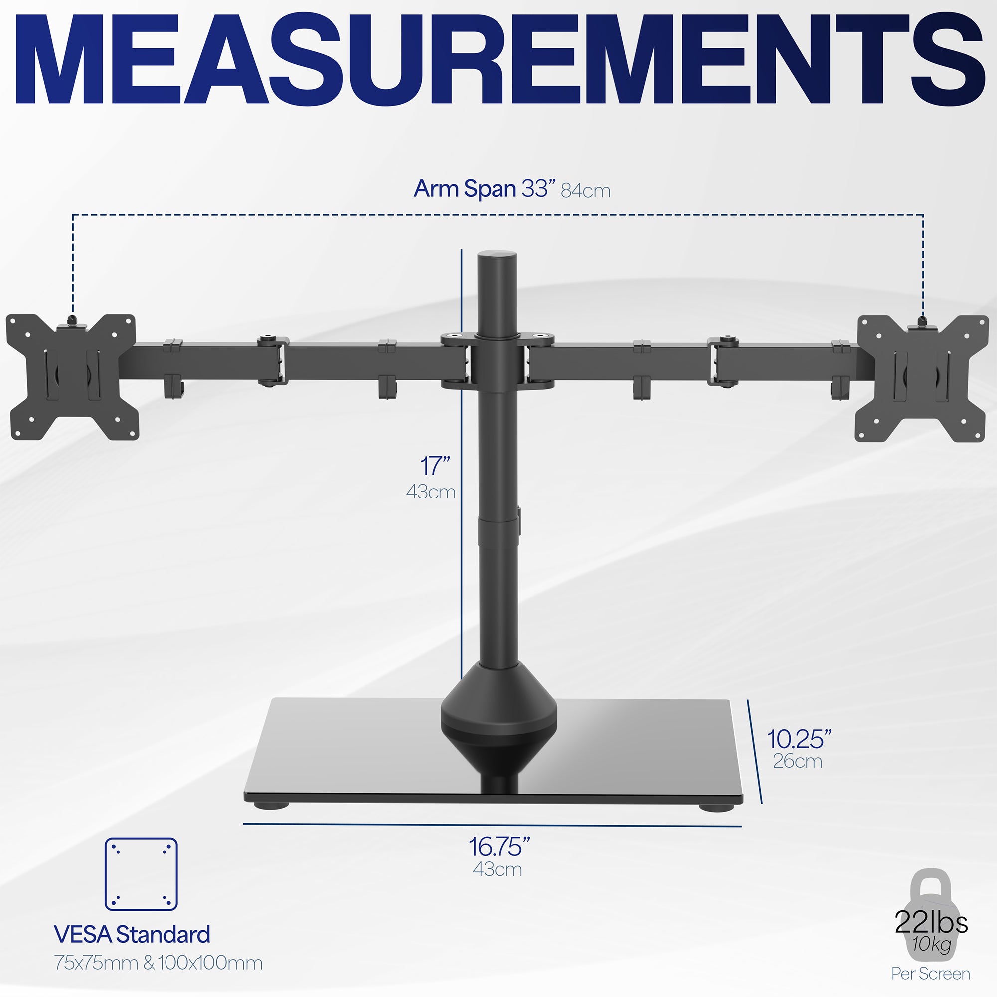 Enhance your work day with this high-grade steel stand built for scratch resistance and security. Designed with user-geared features such as arm articulation, removable VESA mounting plates, adjustable monitor height, integrated cable management, and more, this mount is customizable to your particular office needs.