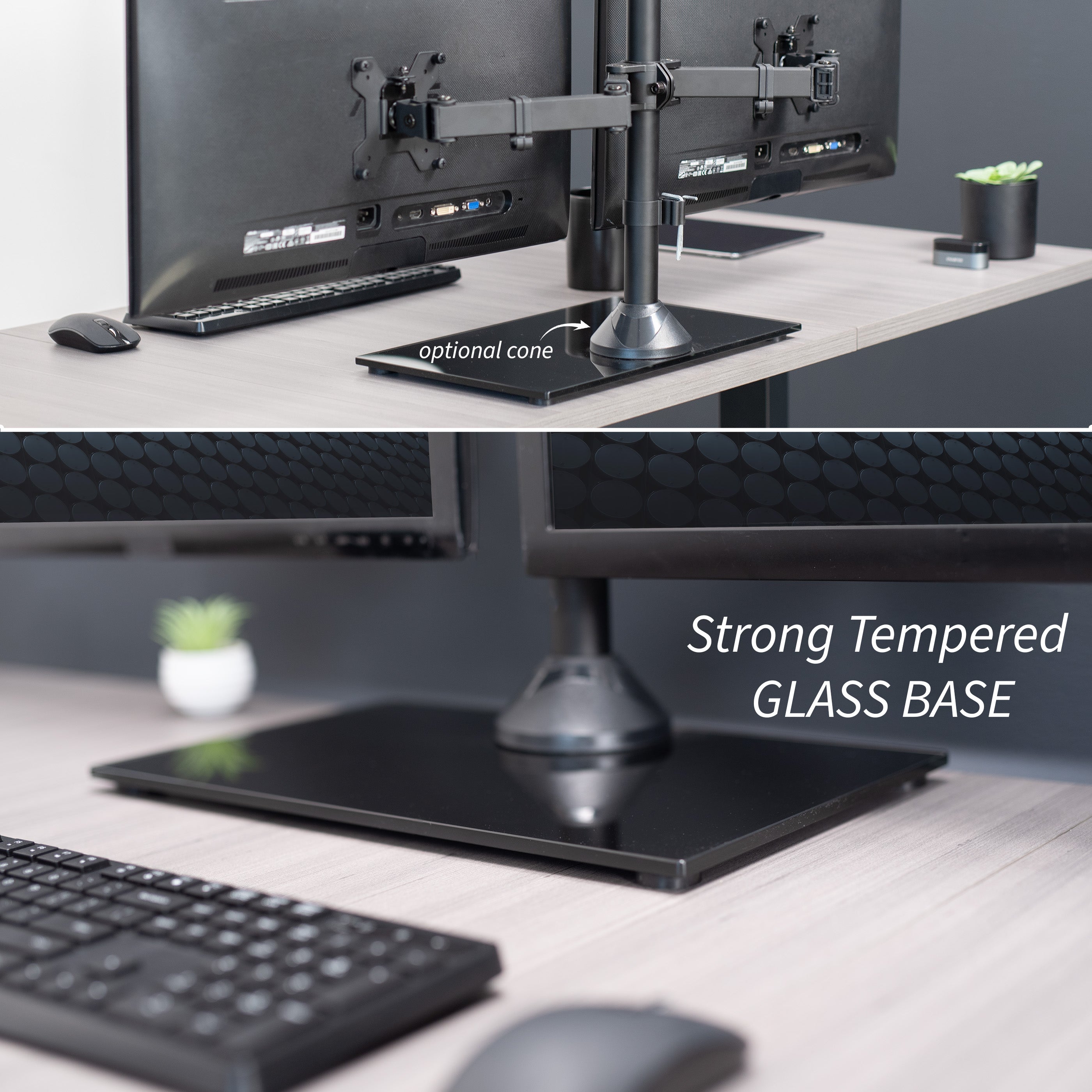 Enhance your work day with this high-grade steel stand built for scratch resistance and security. Designed with user-geared features such as arm articulation, removable VESA mounting plates, adjustable monitor height, integrated cable management, and more, this mount is customizable to your particular office needs.