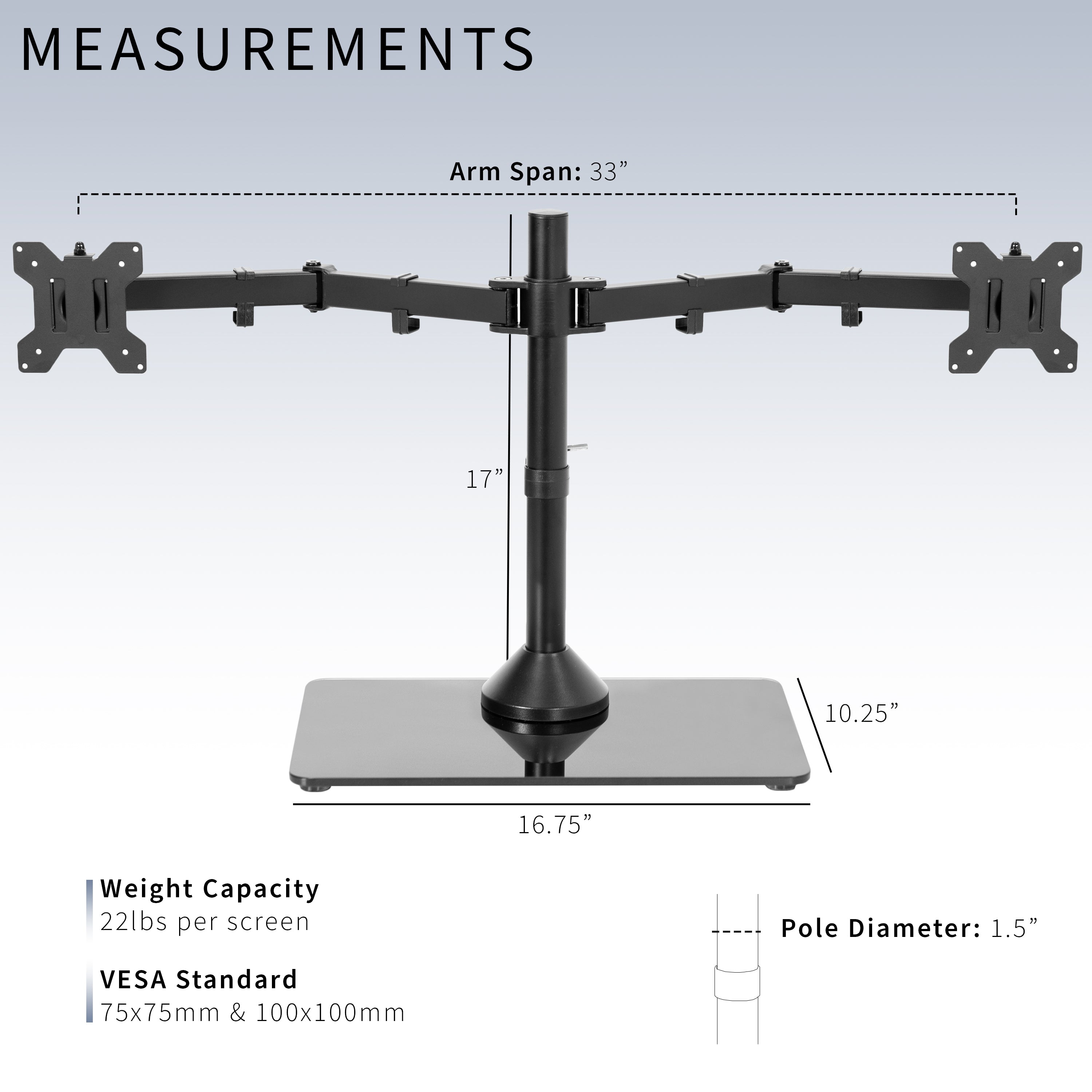 Enhance your work day with this high-grade steel stand built for scratch resistance and security. Designed with user-geared features such as arm articulation, removable VESA mounting plates, adjustable monitor height, integrated cable management, and more, this mount is customizable to your particular office needs.