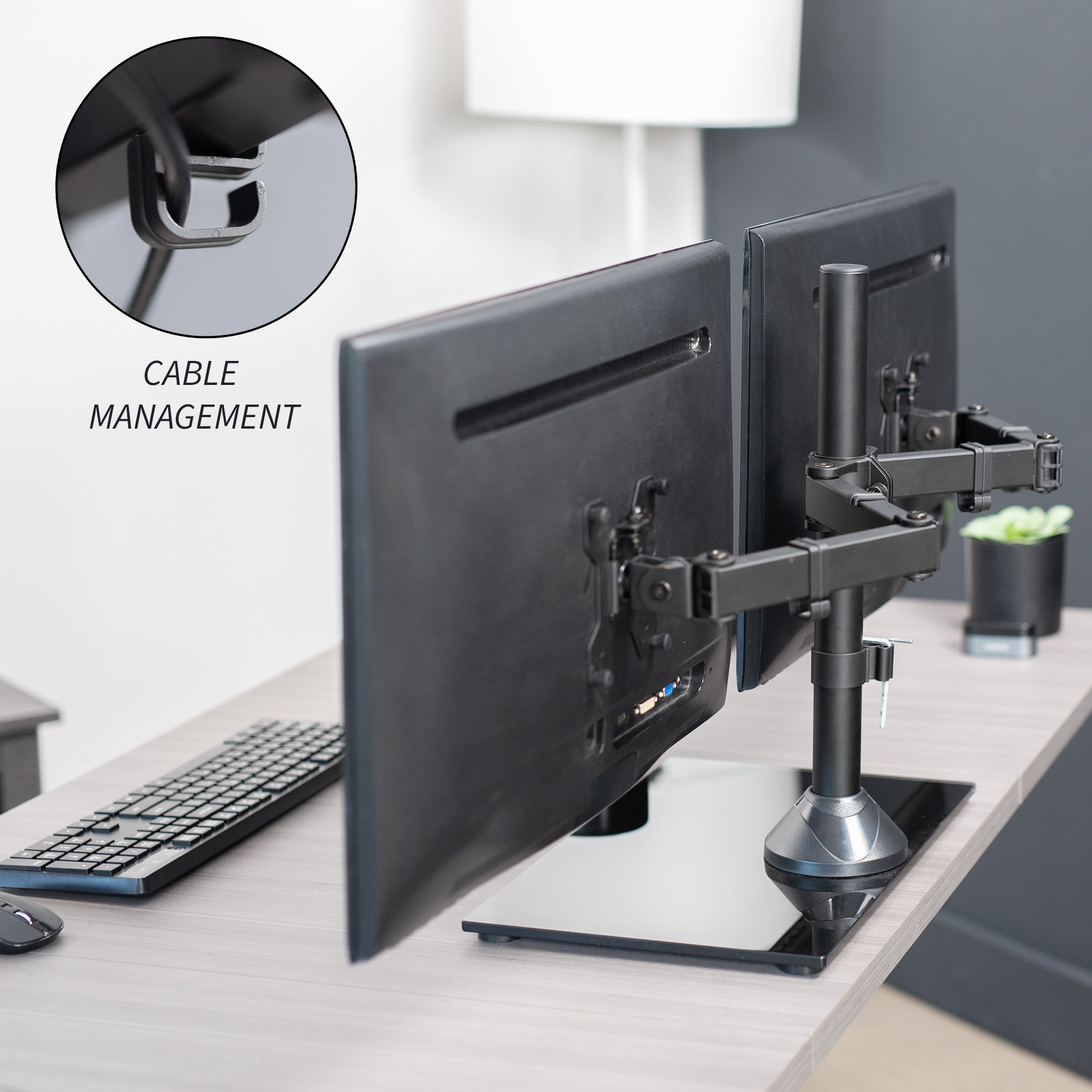 Enhance your work day with this high-grade steel stand built for scratch resistance and security. Designed with user-geared features such as arm articulation, removable VESA mounting plates, adjustable monitor height, integrated cable management, and more, this mount is customizable to your particular office needs.