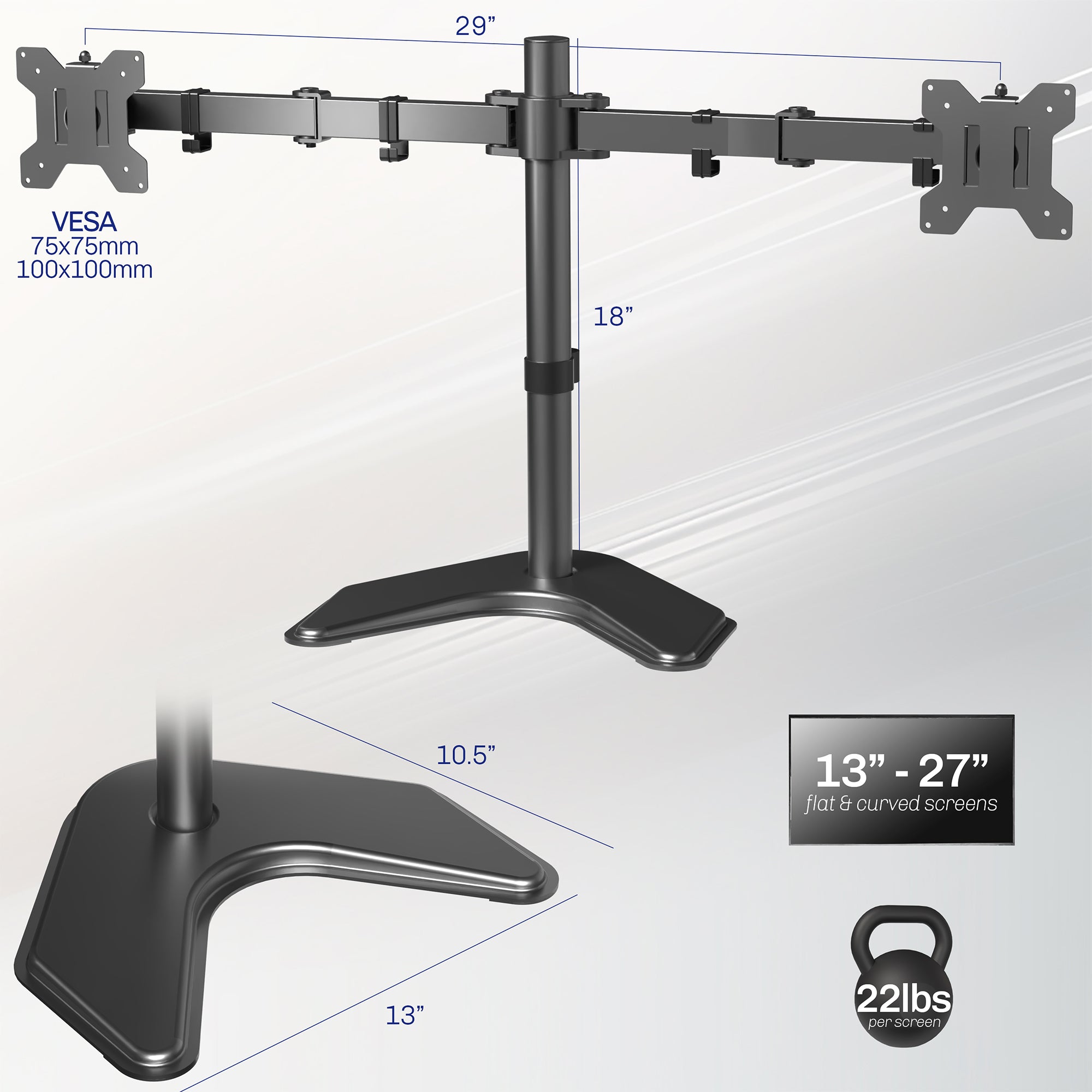 Sturdy adjustable dual monitor stand dimensions and weight capacity.