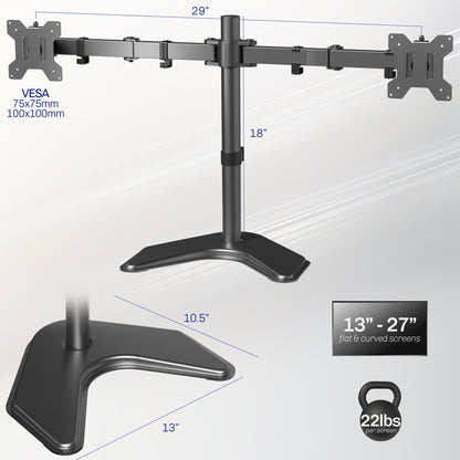 Sturdy adjustable dual monitor stand dimensions and weight capacity.