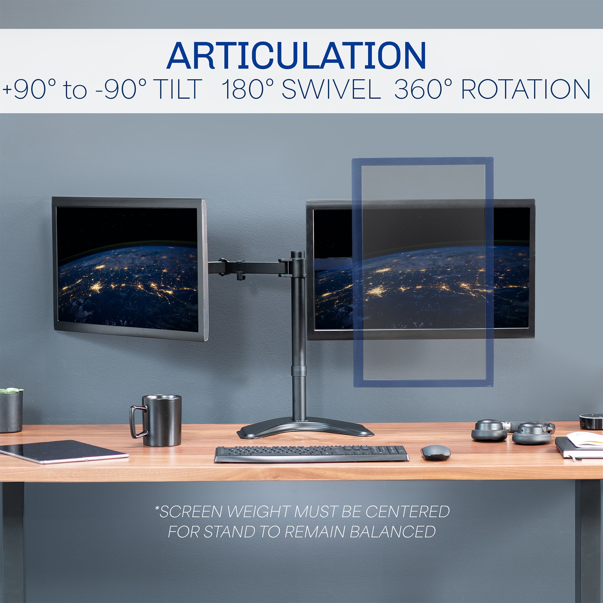 Sturdy adjustable dual monitor stand articulation.