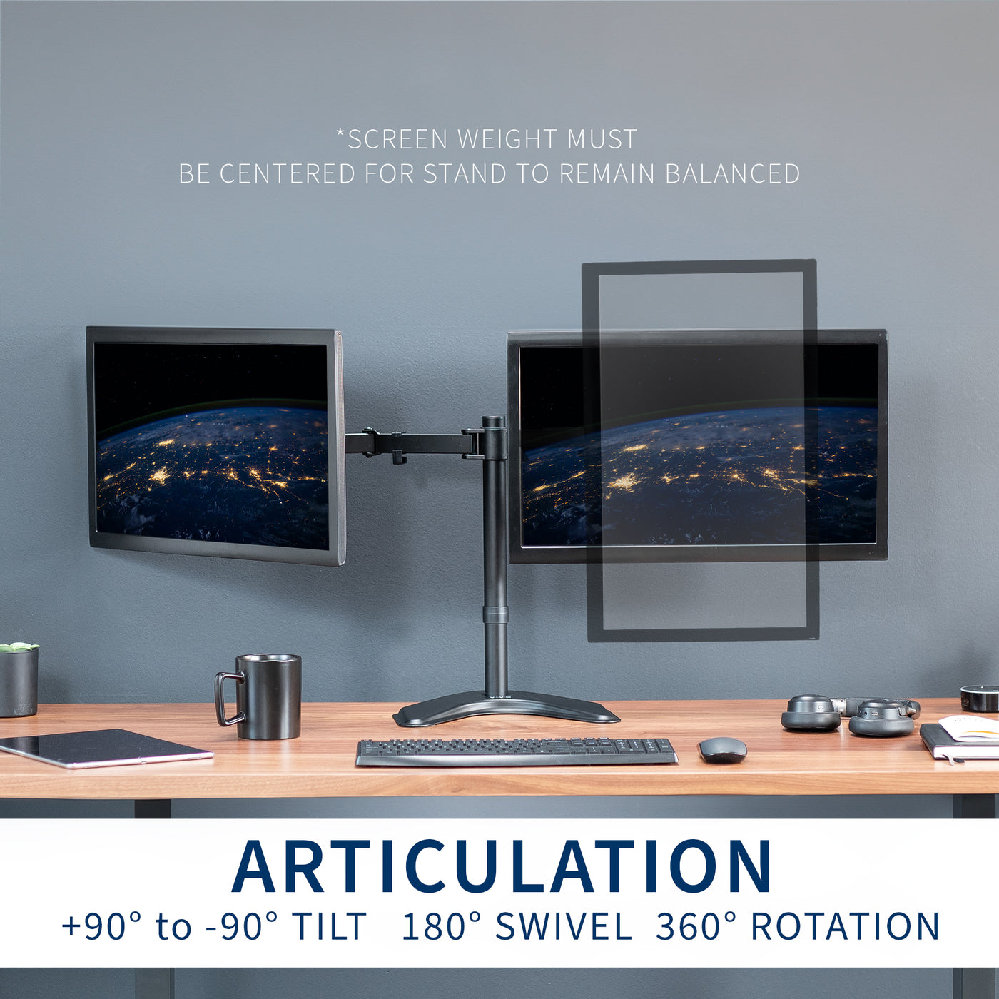 Height adjustable and integrated cable management with tilt, swivel, and rotation capabilities.